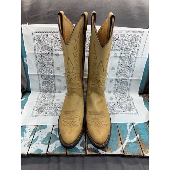 Vtg Justin Mule Hide Tan Western Work Cowboy Boots Mens 7.5D USA Made Cushioned - Picture 4 of 11